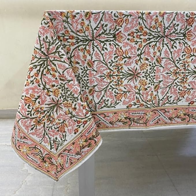 Ridhi Sassy Salmon Pink Hand Block Print Cotton Rectangle Tablecloth 160 x 72 inch-Reusable Table Cover Decorative Everyday Use for Dining Room, Farmhouse, Thanksgiving, Christmas Wedding, Fall