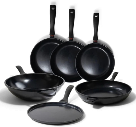 Alva Energy 6-Piece Ceramic Nonstick Frying Pan Set, PFAS/PTFE-Free – 8", 9.5", 11" Fry Pans, 12" Wok + 11" Crepe Pan, Stay-Cool Handles, Induction & Gas Compatible, Lightweight & Dishwasher Safe