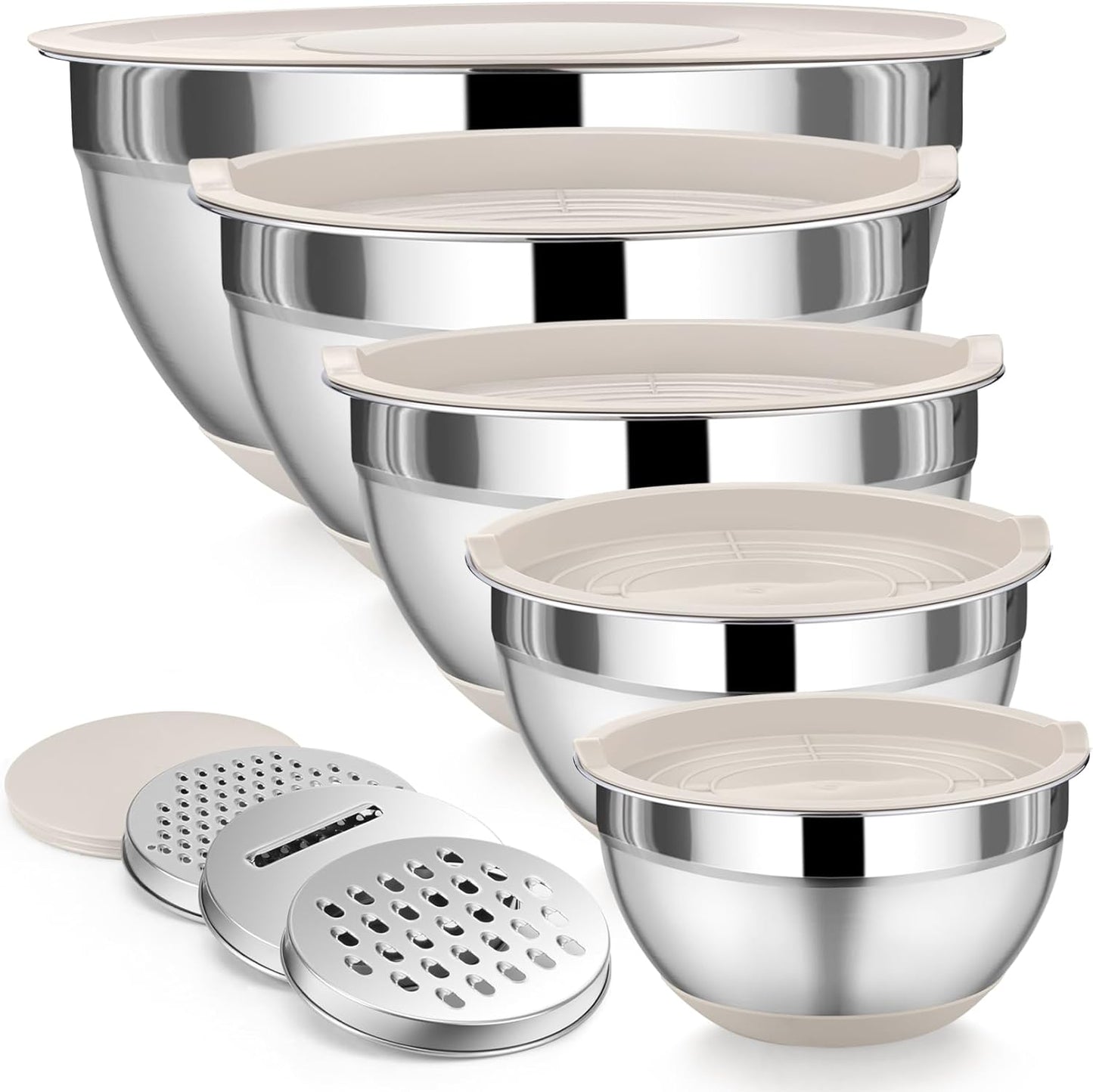 P&P CHEF Mixing Bowl with Lid Set, 5 Piece Stainless Steel Mixing Nesting Bowls for Salad Storage, 3 Grater Attachments & Non-Slip Bottoms, Size 1/1.5/2 / 2.6/4.6 QT, Khaki
