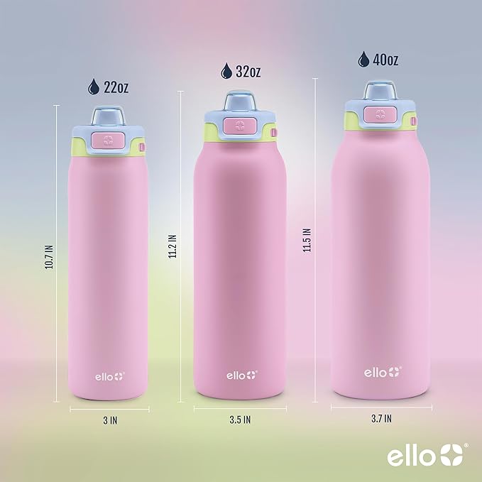 Ello Pop & Fill Stainless Steel Water Bottle with Quick Fill Technology, Double Walled Vacuum Insulated Metal, Leak Proof Locking Lid, Sip & Chug, BPA Free, Holiday Gift for Him Her, 22oz, 32oz, 40oz