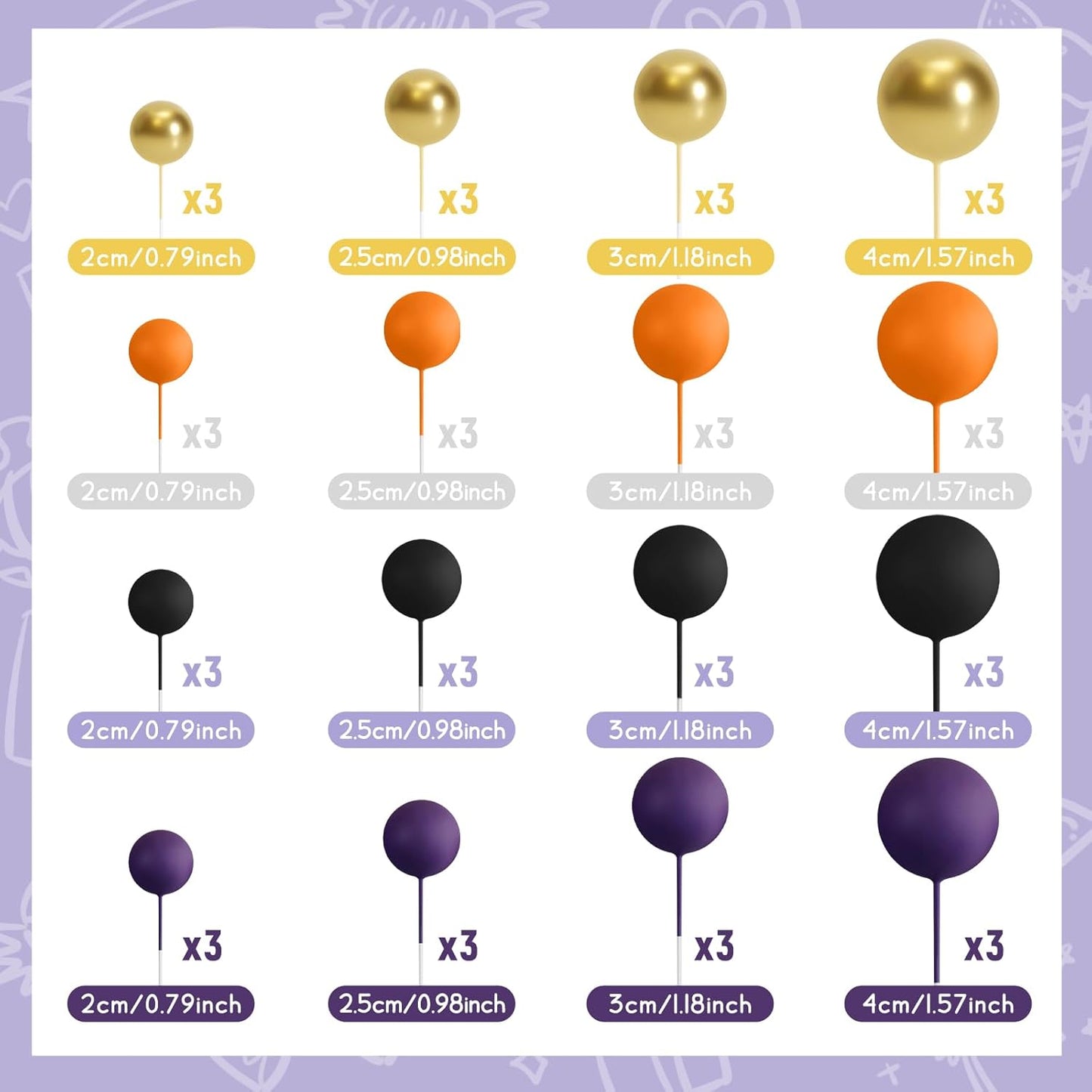 48 Pcs Balls Cake Topper Decorations Balloon Cupcake Toppers Foam Cake Topper Balls Cake Balls Decorations for Halloween Birthday Party Wedding Cake Decorating(Purple,Black,Orange,Gold)