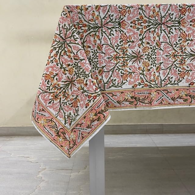 Ridhi Sassy Salmon Pink Hand Block Print Cotton Rectangle Tablecloth 160 x 72 inch-Reusable Table Cover Decorative Everyday Use for Dining Room, Farmhouse, Thanksgiving, Christmas Wedding, Fall