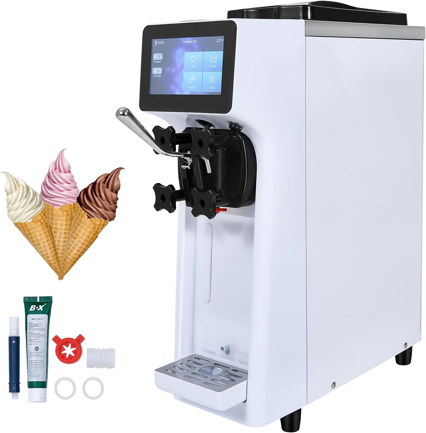 VEVOR Commercial Ice Cream Machine, 10.6 QT/H Yield, 1000W Single Flavor Countertop Soft Serve Ice Cream Maker, 4L Hopper 1.6L Cylinder, Touch Screen Auto Clean Pre-cooling, for Restaurant Snack Bar