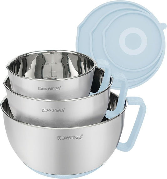Rorence Stainless Steel Mixing Bowls Set: Non-Slip Silicone Bottom Kitchen Bowls with Pour Spout, Handle and Lid - Set of 3 - Light Blue