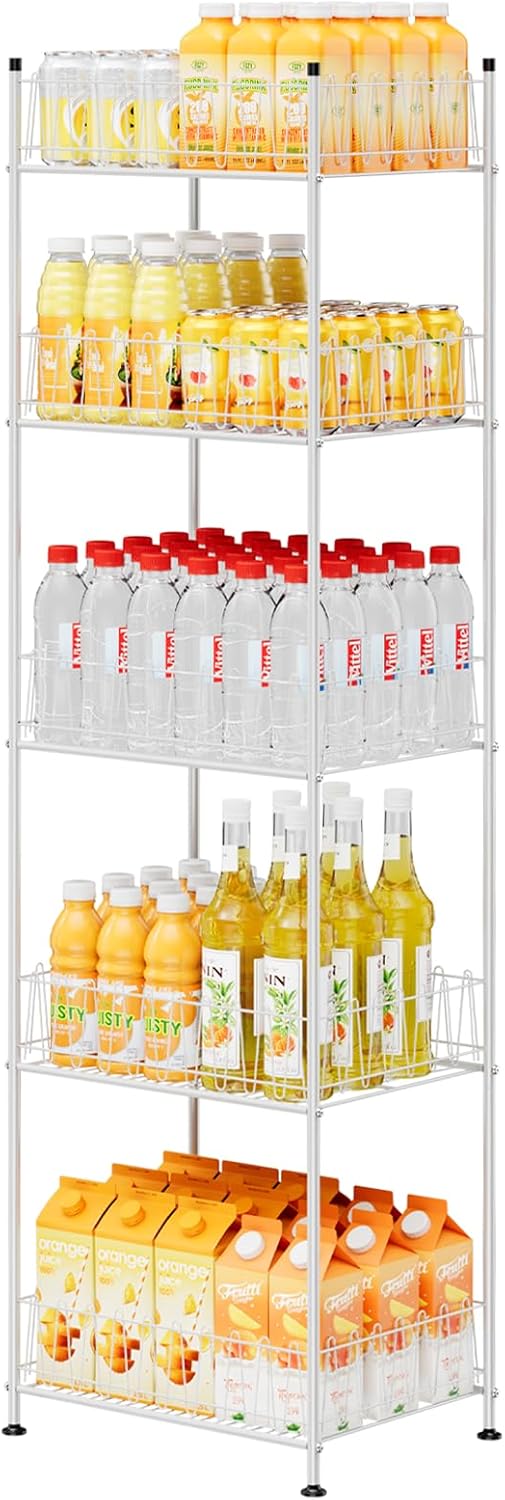 Water Bottle Storage Organizer 5 Tier Metal Water Bottle Holder Shelf Drink Beverage Soda Can Organizer Rack Bottled Water Stand for Floor Classroom Kitchen Food Storage, Silver