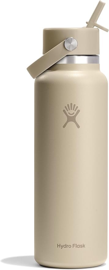 Hydro Flask Water Bottle - Insulated Stainless Steel - Wide Mouth Flex Straw Lid, Non Spill, Leakproof and Refillable in 40 Oz Tonal Oat
