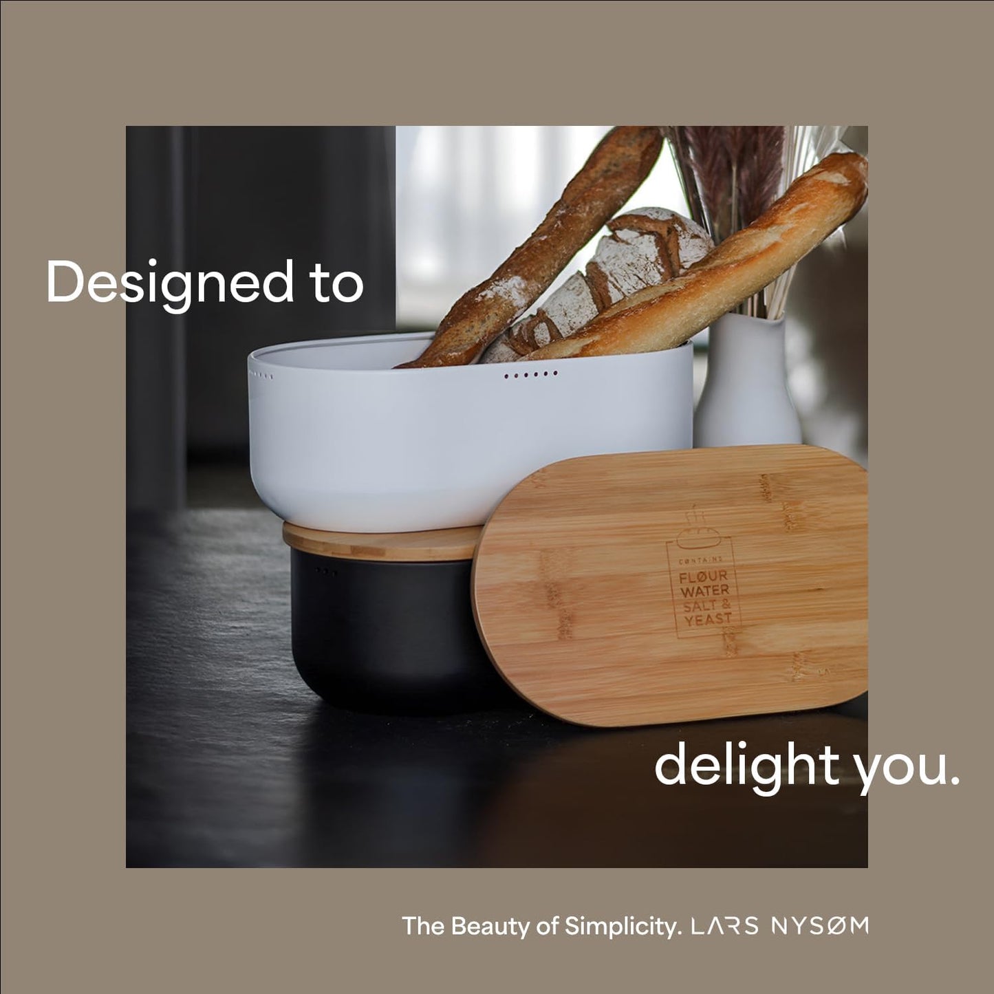 LARS NYSØM Bread Box I Metal Box with linen bag for long lasting freshness I Bread Bin with bamboo lid usable as cutting board I 14.2x7.5x5.1 In (Blush Rose)