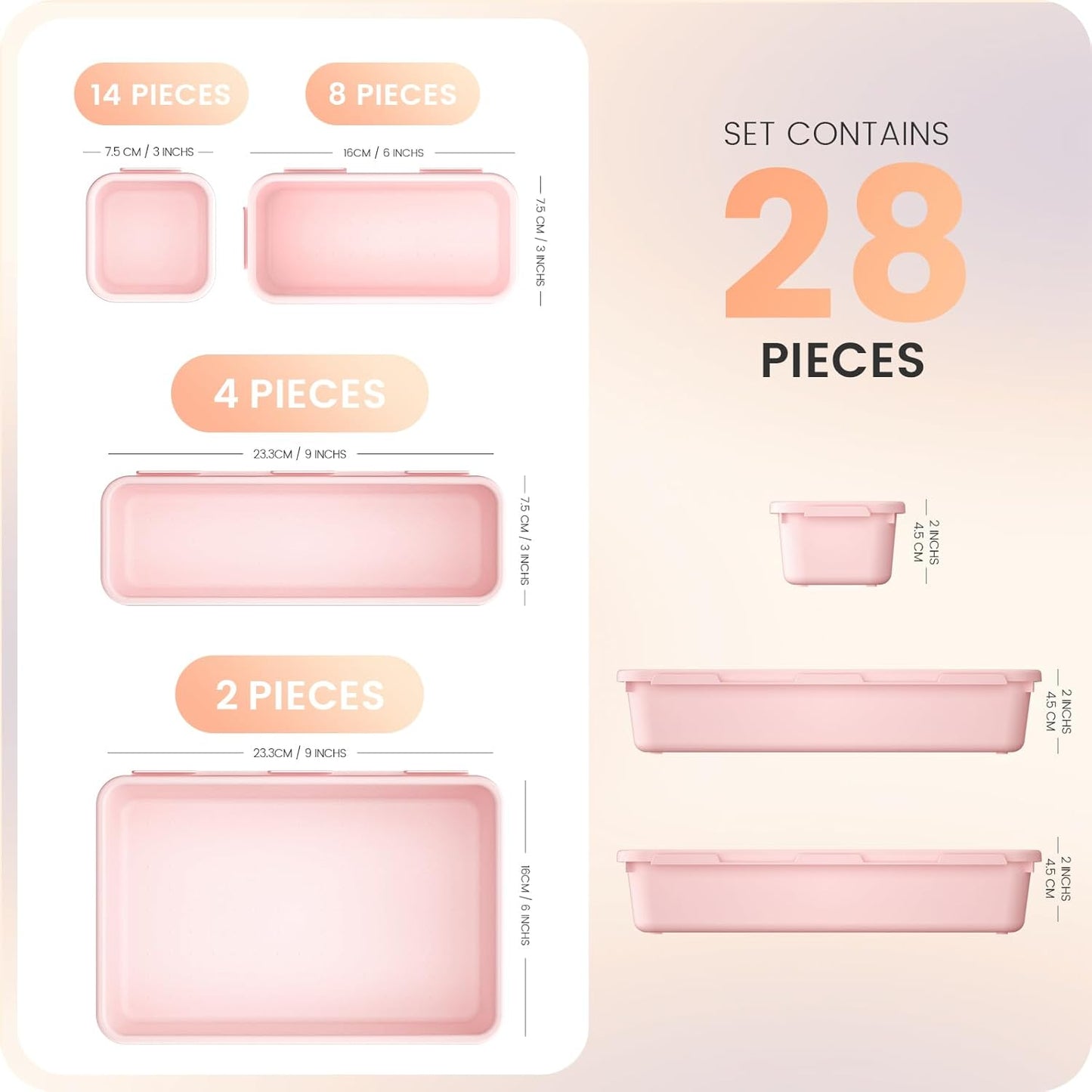 A-LuGei 【28PCS】 Drawer Organizer, Bathroom Organizers and Storage, Makeup organizer, Desk drawer organizer, Storage Bins for Kitchen Office Bedroom Vanity Jewelry Pantry Garage【Pink】【4Size】