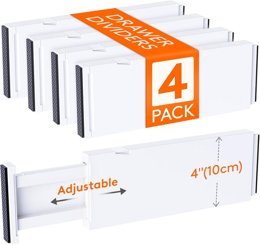 Lifewit 4 Pack Drawer Dividers 4" High,11-17" Adjustable Dresser Drawer Organizers for Clothes, Expandable Dresser Separators in Bedroom/Bathroom/Kitchen/Vanity/Office Organization and Storage, White