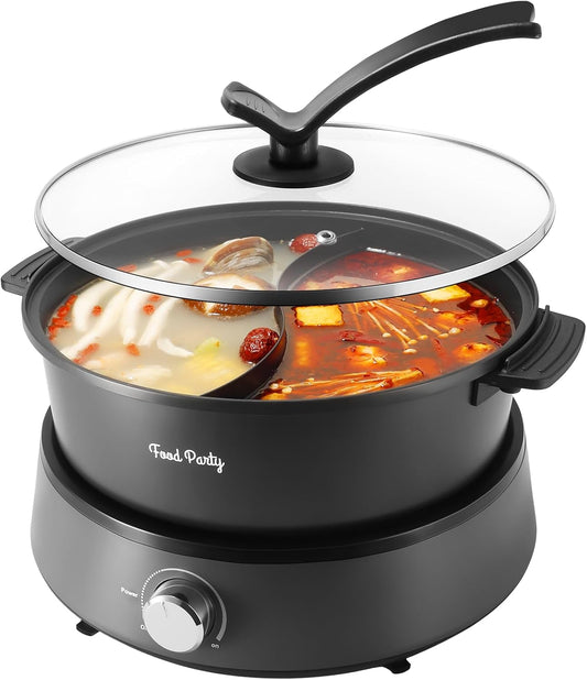 Food Party Hot Pot Electric Upgraded Separable Shabu Shabu Pot with Divider Hotpot Pot Electric Cooker Dual Sided 110V 1350W Non-Stick 5L Fondue Pot for 2-6 People