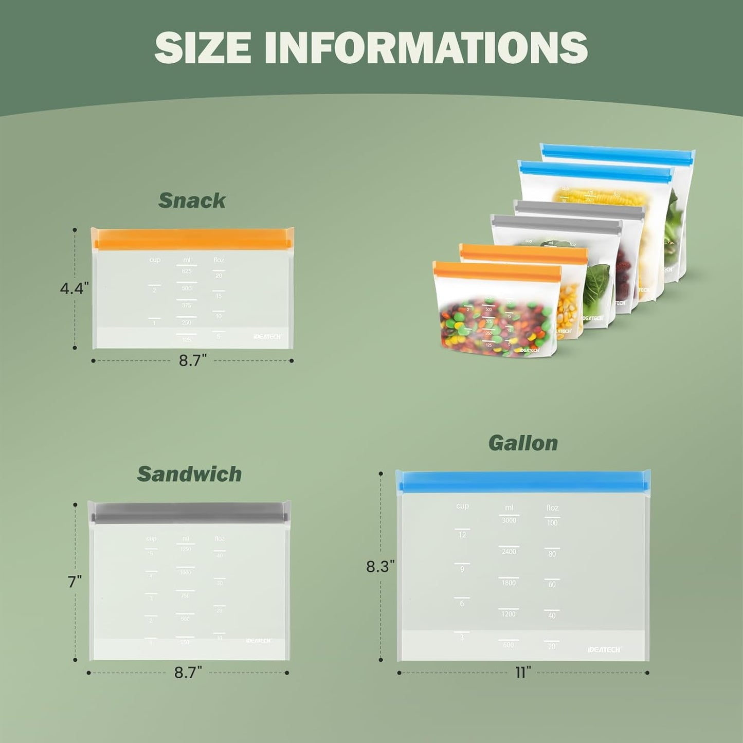 IDEATECH Reusable Sandwich Bags Gallon Freezer Bags Leakproof & Dishwasher Safe - Silicone Bag for Food Ftorage Stand Up for Meal Prep, Travel, Washable (6 Gallon + 6 Sandwich + 8 Snack)