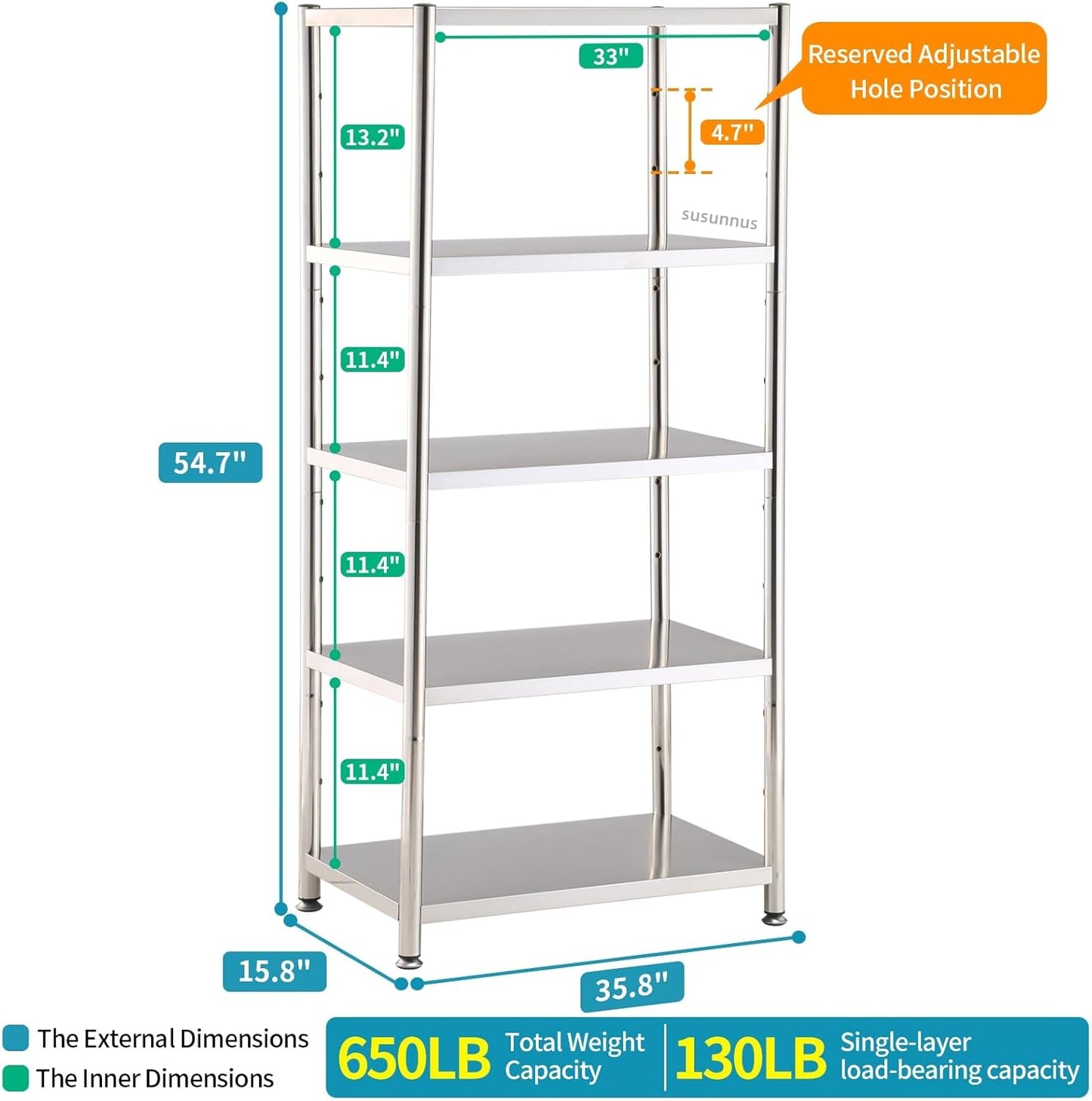 susunnus 5-Tier Stainless Steel Shelf, Heavy Duty Shelving for Kitchen, Garage, Industrial Storage, Kitchen Shelves Adjustable Feet, Easy to Clean (5T-35.8in*15.8in(Without guardrails))