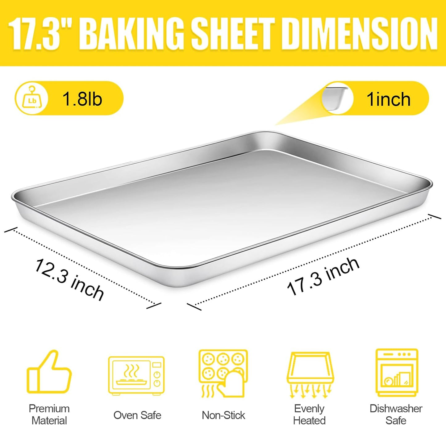 Baking Sheet, Cookie Sheet, Stainless Steel Baking Pan, 2 Piece-17.3''x 12.3'' x 1'', Half Sheet Pan for Oven, Baking Tray for Baking&Roasting, Nonstick&Nontoxic&Easy Clean