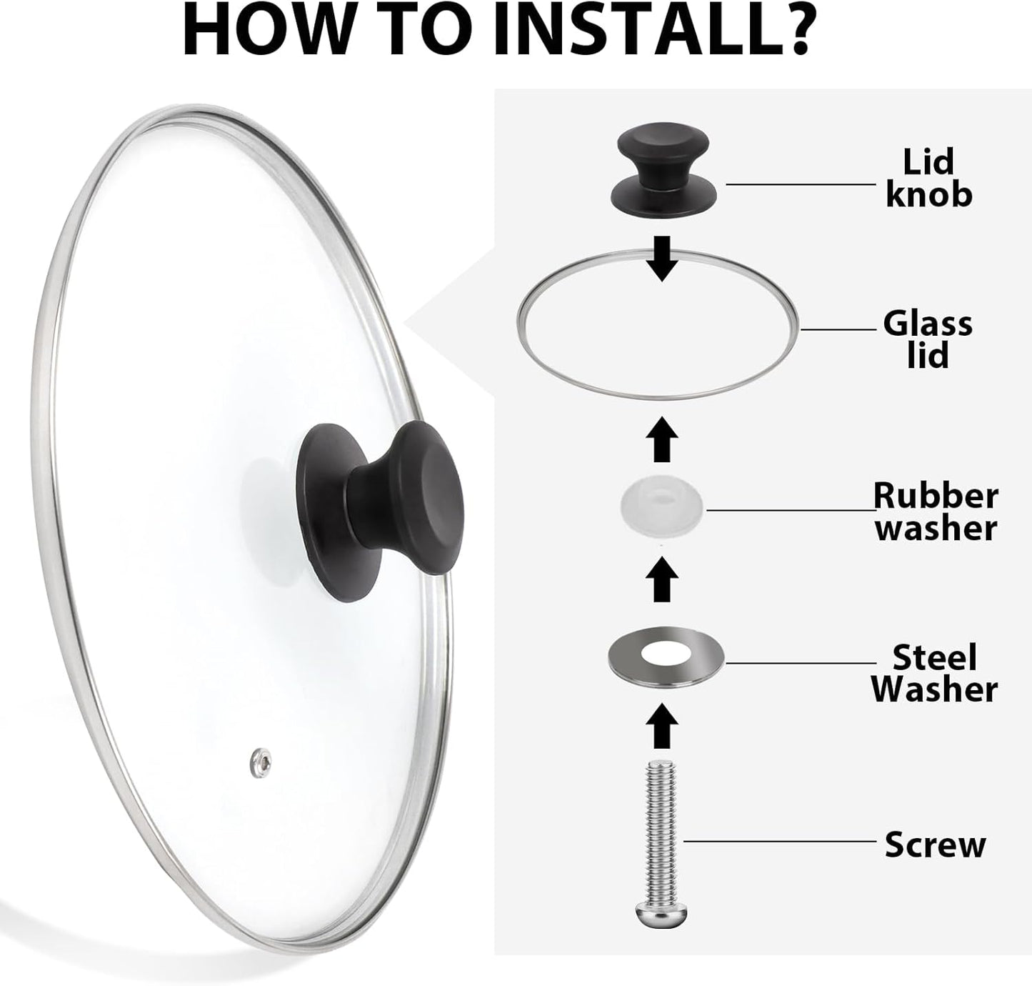 10.25 inch Tempered Glass Lid for Pots, Frying Pans and Skillets, Replacement Cover with Heat Resistant Black Knob Handle, Dishwasher Safe