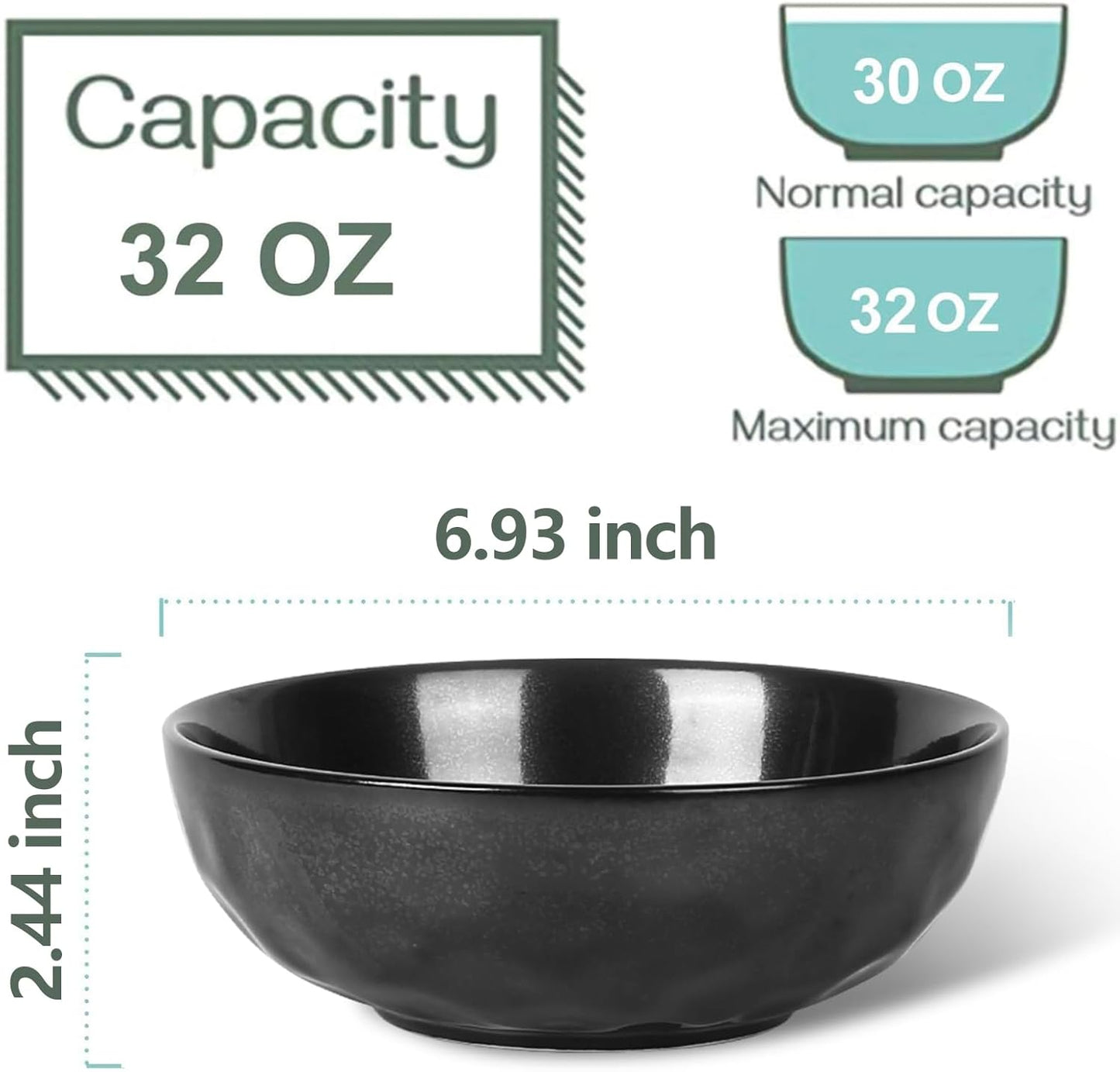 vicrays Ceramic Pasta Bowls Set, 32 Ounce Soup Bowls, Large Salad Bowls, Chip Resistant, Dishwasher Microwave Safe, Fluted stoneware Bowls for Kitchen, Serving Bowls - Set of 6 Black
