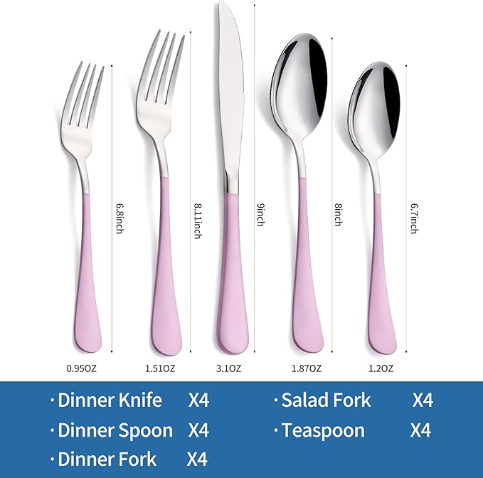 20-Piece Light Purple Silverware Set, 18/0 Stainless Steel Purple Handle Flatware Set, Service for 4, Modern Cutlery Set Includes Dinner Knives Forks Spoons, Mirror Polished, Dishwasher Safe