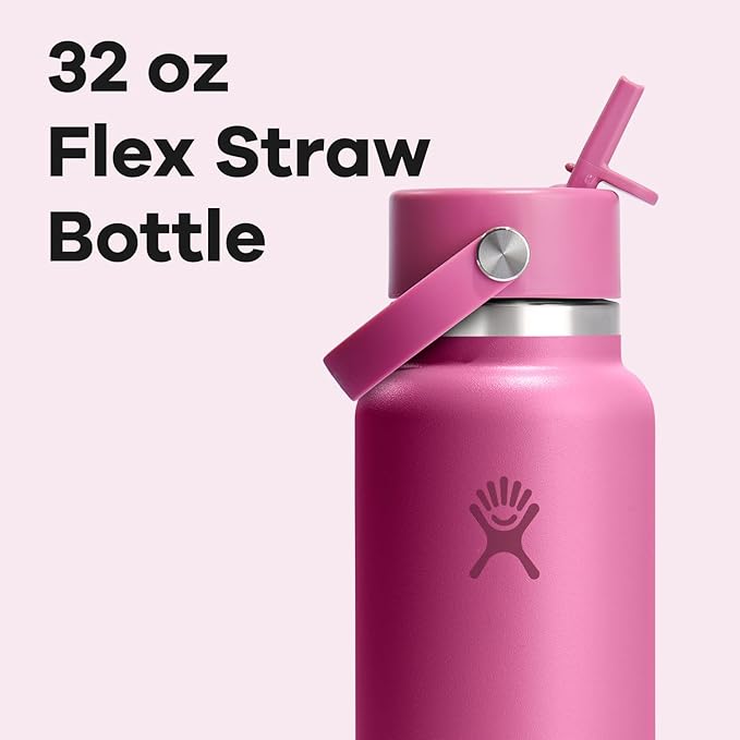 Hydro Flask Water Bottle - Insulated Stainless Steel - Wide Mouth Flex Straw Lid, Non Spill, Leakproof and Refillable in 32 Oz Reef Pink