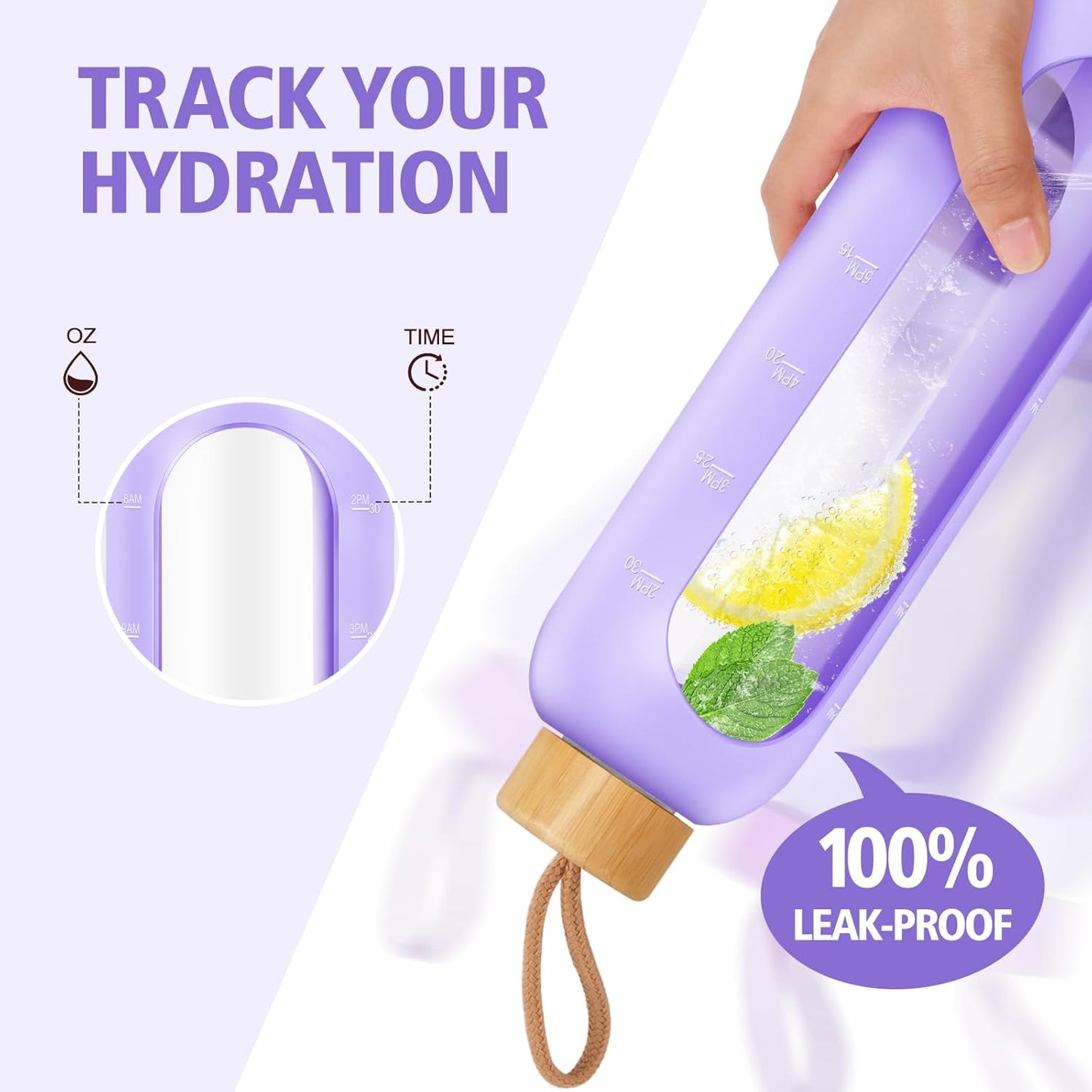 Glass Water Bottles 32 oz - Motivational Drinking Glass Water Bottle with Silicone Sleeve, Straw & 2 Bamboo Lids - 1 Liter Clear Borosilicate Daily Intake Tumbler with Time Marker - Violet