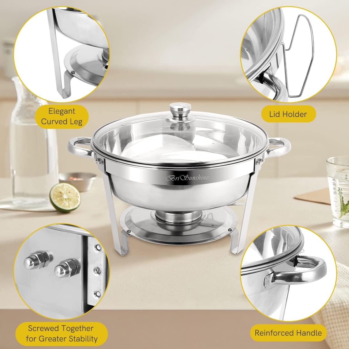 Chafing Dish Buffet Set 6 Packs, 5 QT Stainless Steel Round Chafing Dishes with Glass Lid & Lid Holder, Food Warmer For Parties Buffet Weddings Catering Events