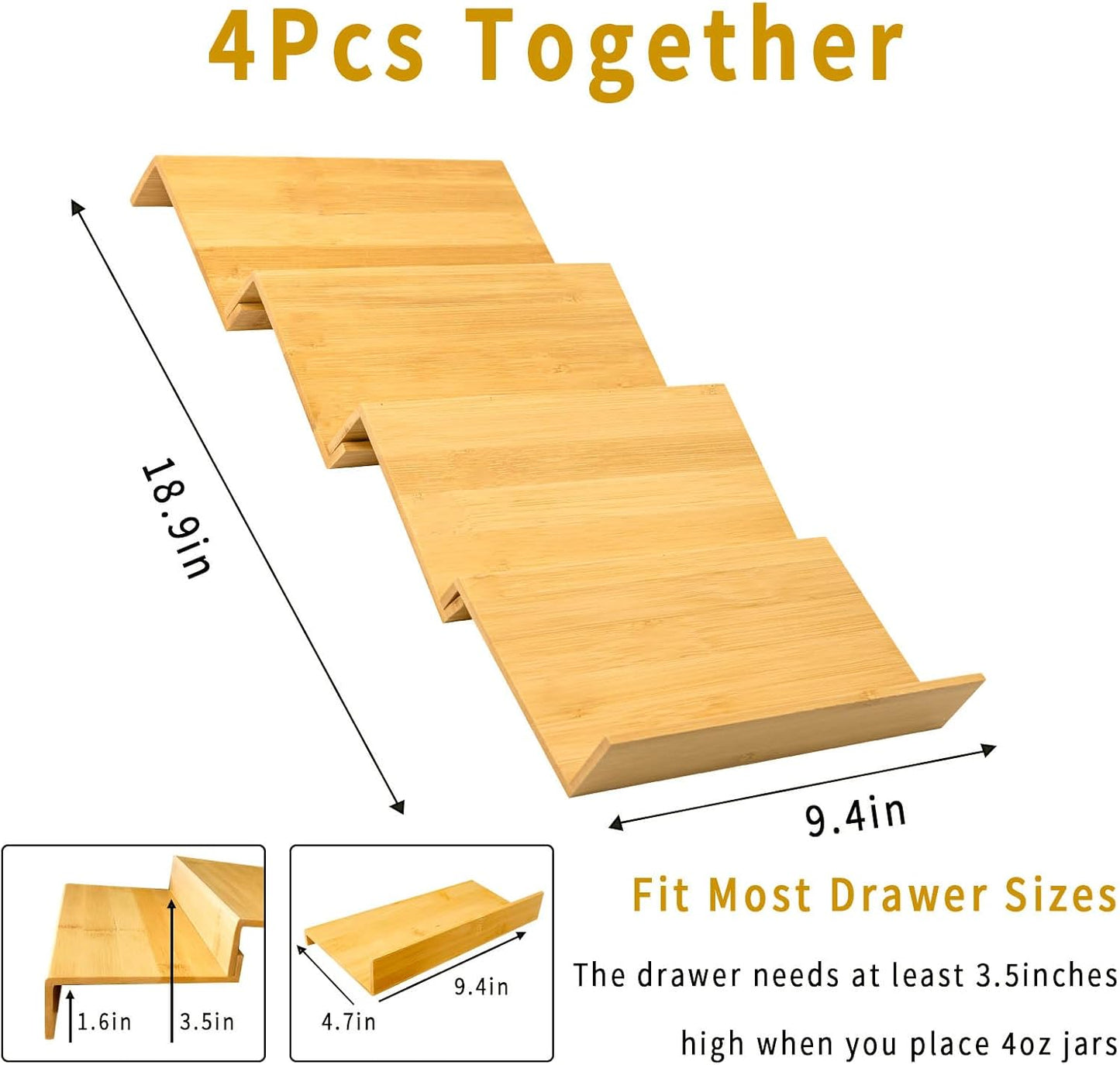 Bamboo Spice Rack For Drawer,4Pcs Tier Stackable Seasoning Storage Organizer Insert,for Kitchen Condiments Storage Insert(Jars Not Included,Combined Size:18.9" D x 9.5" W x 1.8" H）