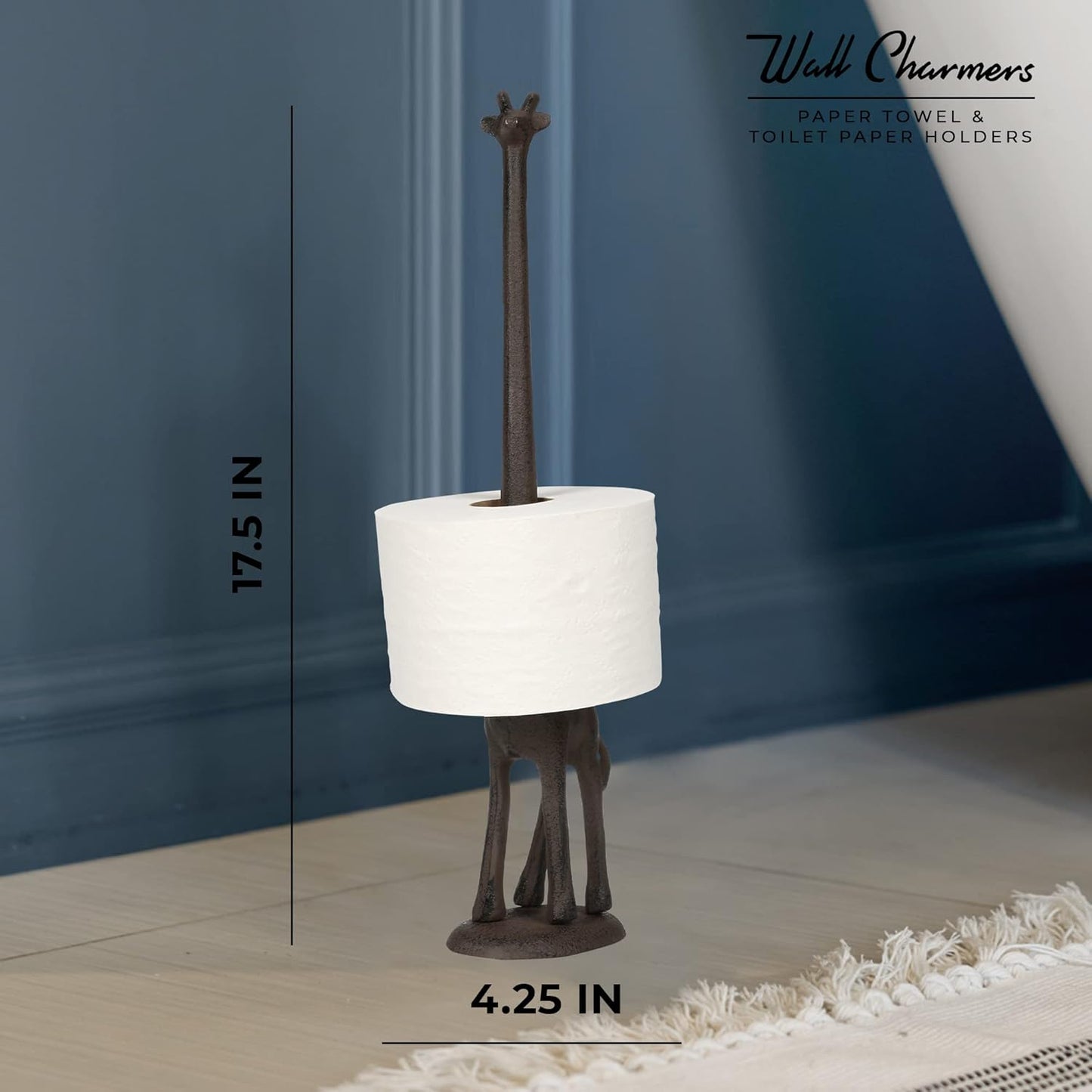 WallCharmers Rustic Paper Towel Holder, Metal Toilet or Kitchen Paper Holder for Floor or Countertop, Rustic Giraffe