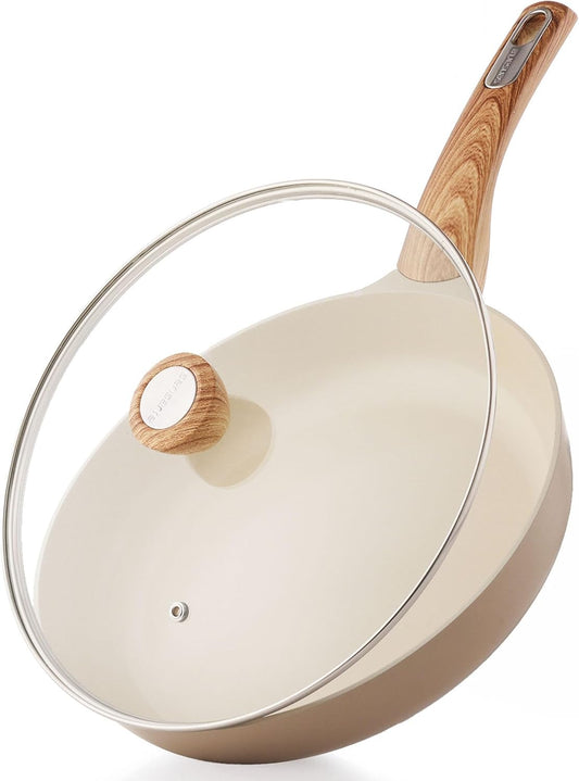SENSARTE Ceramic Nonstick Frying Pan Skillet with Lid 8inch Non Stick Pan Omelet Pans, Non-toxic Healthy Kitchen Cooking Chef's Pan, Free of Intentionally Added PFAS/PTFE, Induction Compatible, Taupe