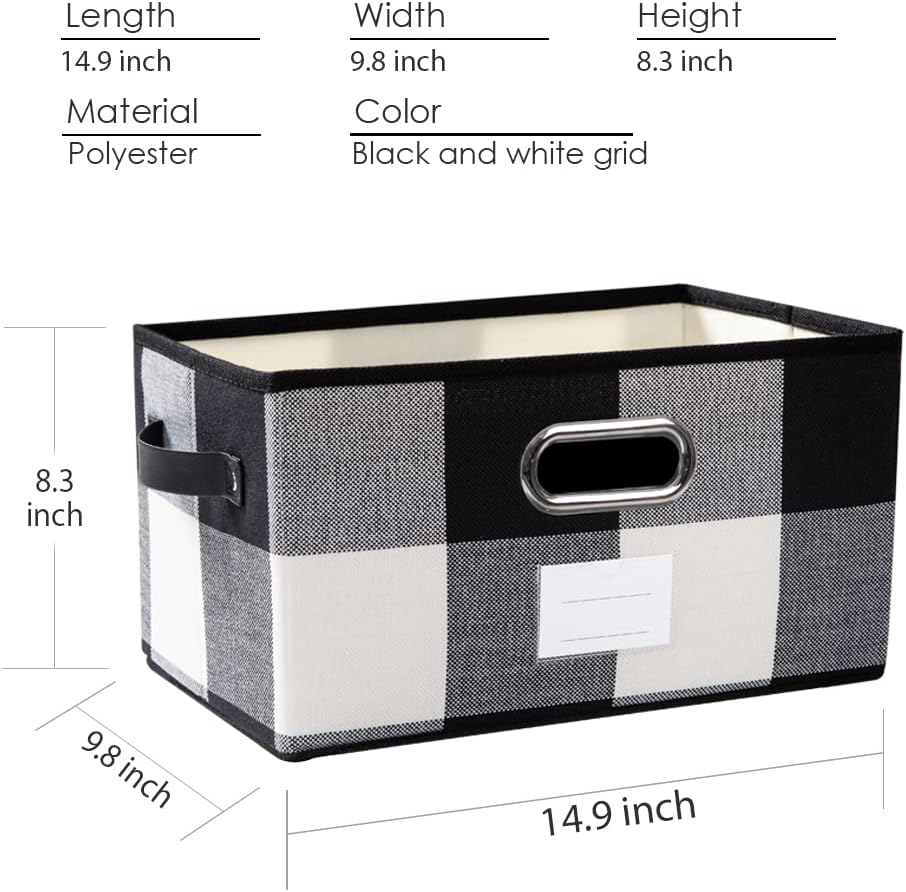 PRANDOM Large Collapsible Storage Baskets for Closet [3-Pack] Decorative Fabric Storage Bins Cubes with Leather/Metal Handles for Shelves Bedroom Living Room Black and White Grid (14.9x9.8x8.3 Inch)