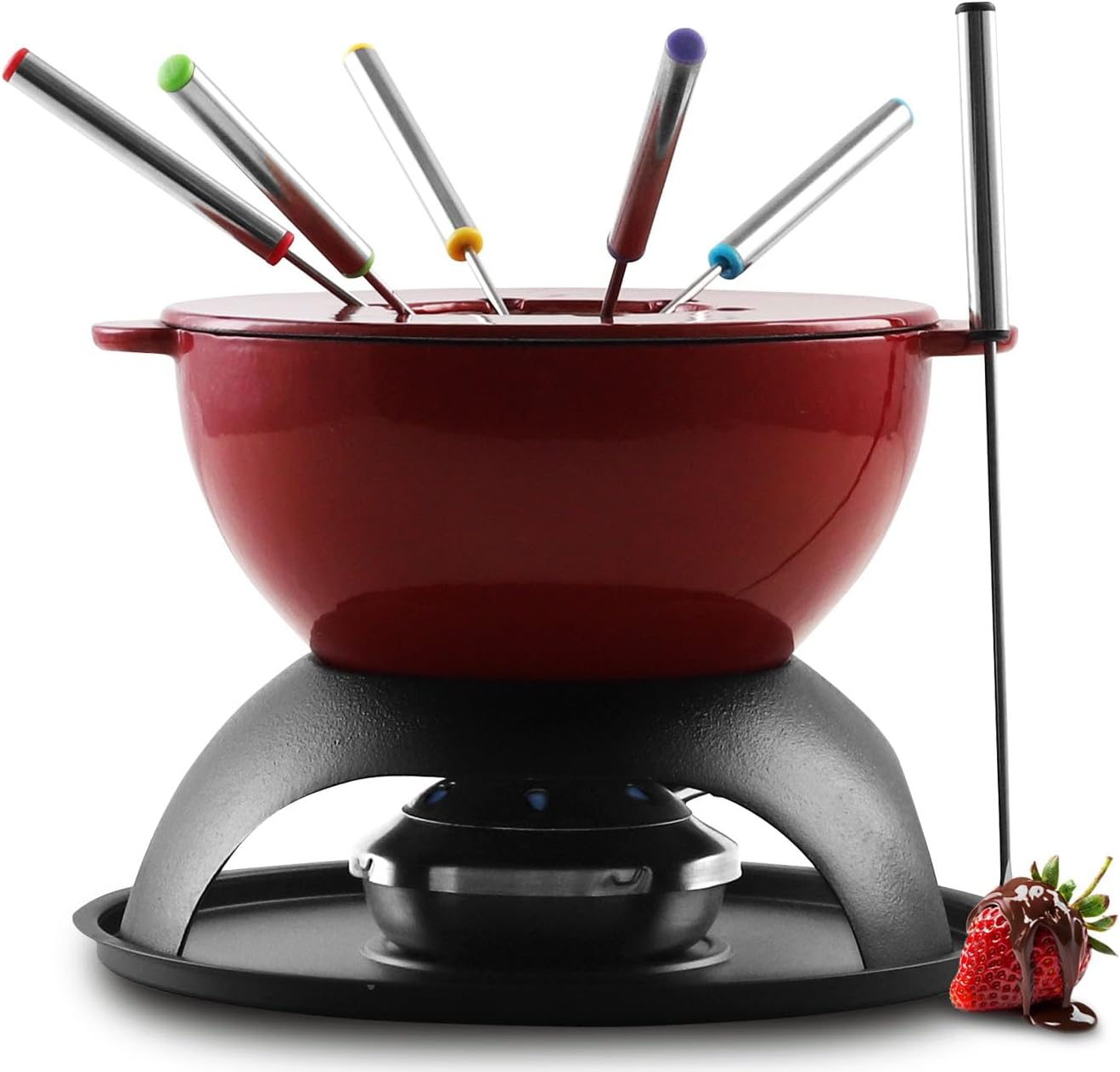 Artestia Cast Iron Cheese Fondue Set 11-Piece with Adjustable Burner, 6 Colored Forks, 5-Cup Red Swiss Fondue Set for Cheese, Chocolate, Caramel, Meat – Family Size 4-6 Persons