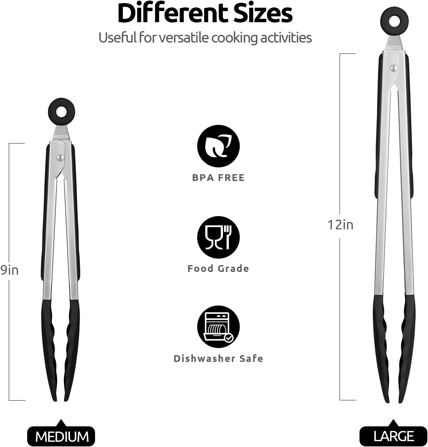 600ºF Heat Resistant Kitchen Tongs: U-Taste 9+12 inch Silicone Cooking Tong Set with Firm Sealed Non Stick Rubber Tips and Silicon Coated 18/8 Stainless Steel Handle for Serving Grilling Salad (Black)