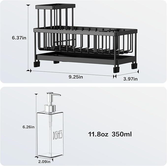 Cisily Dish Soap Dispenser, 12 fl oz Dual Kitchen Soap Dispensers with Sponge Holder, Plastic Pump Clear Glass Bottle Kitchen Soap Dispenser Set, Modern Hand and Dish Soap Bottle Set Removable