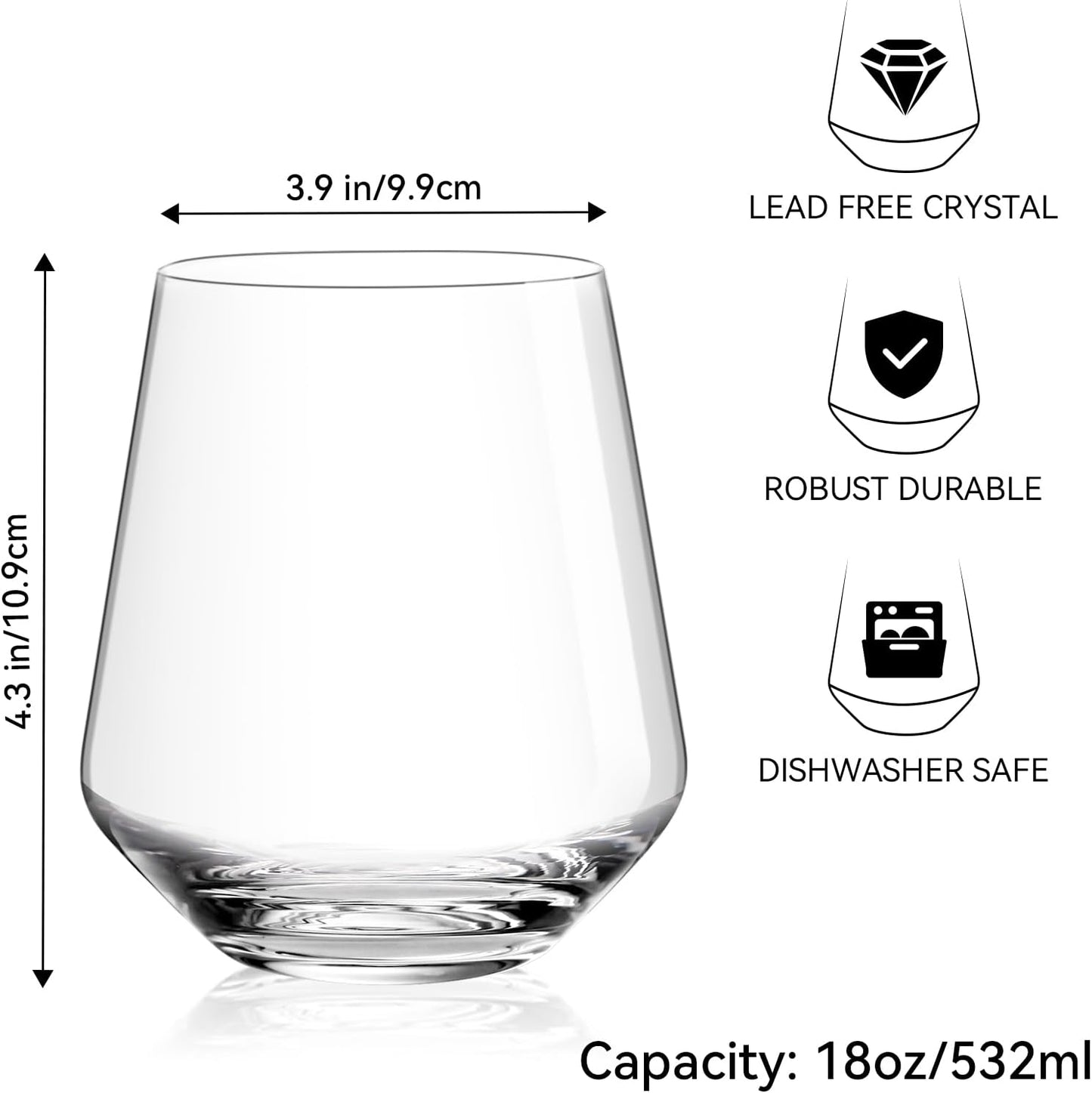Physkoa Stemless Wine Glasses Set of 6 – 18oz Modern Crystal Glass, Lightweight & Dishwasher Safe | Red & White Wine Glasses for Daily Use, Parties, Housewarming or Birthday Gift