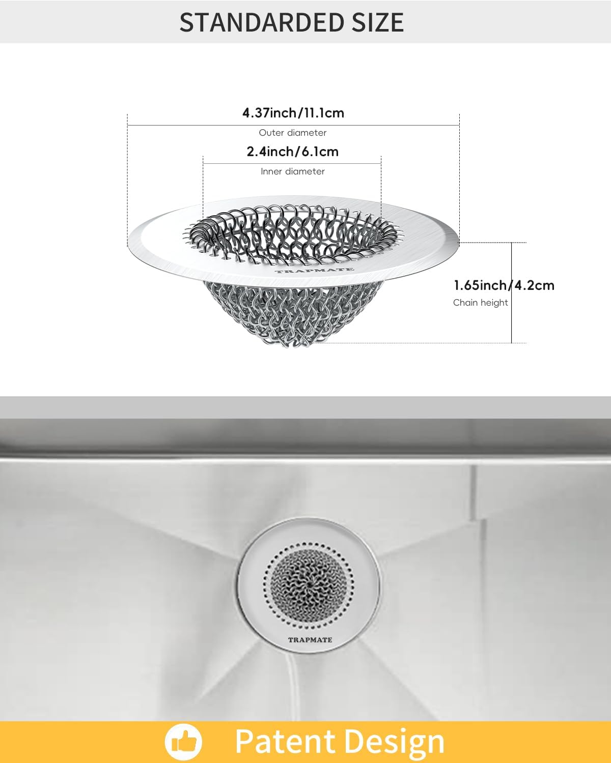 TRAPMATE Kitchen Sink Drain Strainer, Stainless Steel Sink Drain Strainer, 4.4 inch Sink Strainer Basket, Upgrade Anti-Clogging Garbage Disposal Strainer For US Standard Kitchen Drain, Dishwasher Safe