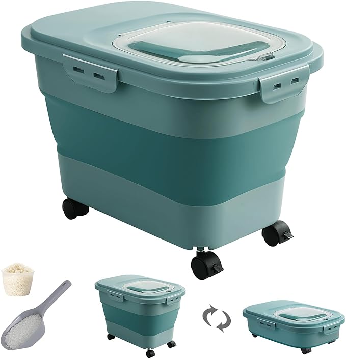20-30 Lbs Rice Storage Container,Collapsible Food Storage Containers with Rolling Wheel Airtight Locking Lid,Flour Storage Container with Cup and Scoop,Suitable for Food,Rice,Pet Food,Flour