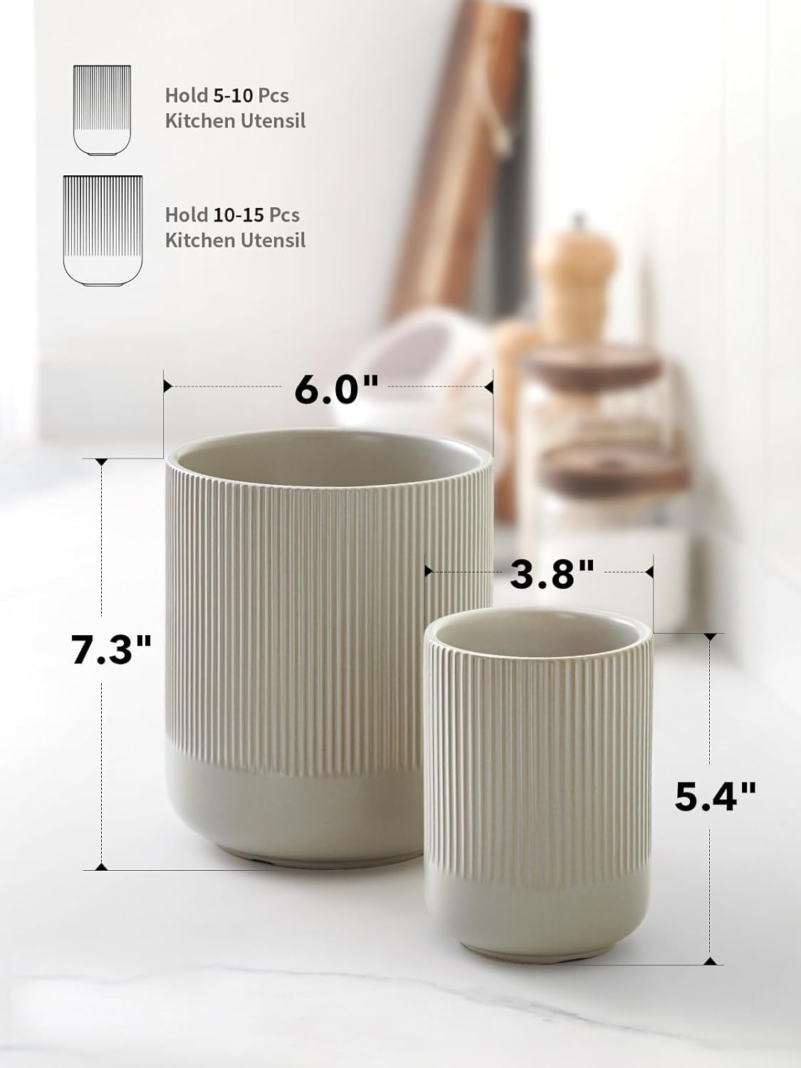 LE TAUCI Utensil Holder, 7.3"+5.4" Ceramic Kitchen Utensil Holder for Countertop, Large Cooking Utensil Crocks for Kitchen Counter, Morden Utensil Organizer for Spatula, Set of 2, Oatmeal Greige