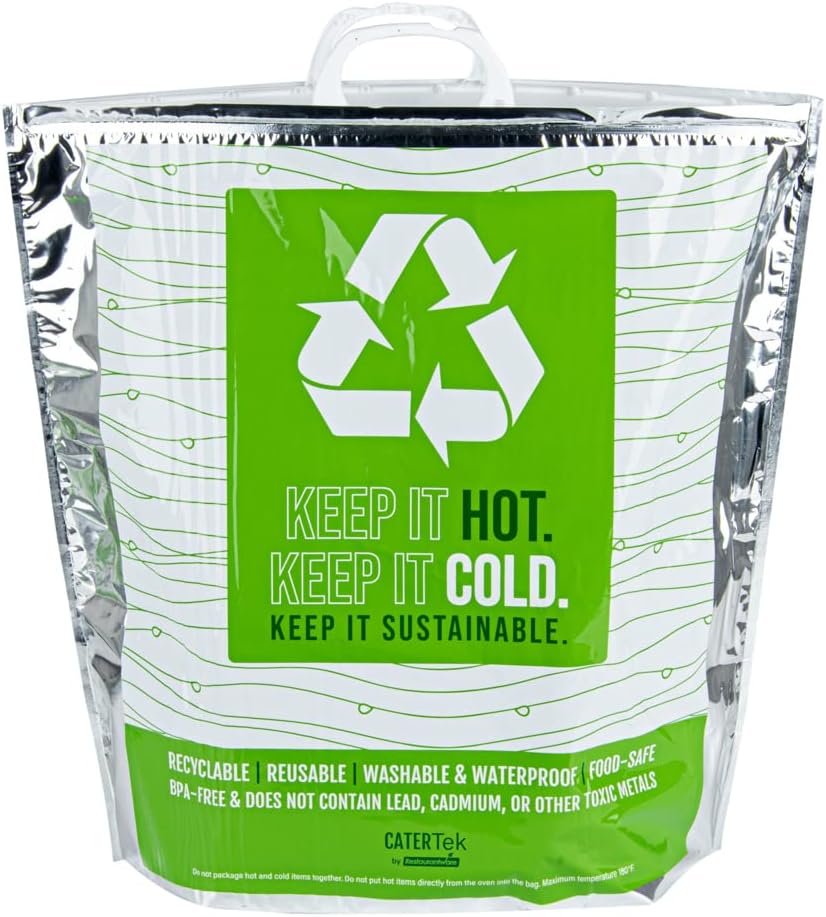 Restaurantware Cater Tek 20.1 x 7.1 x 20.1 Inch Hot And Cold Bags 10 Triple Layer Insulated Bags - Snap Lock Handles Waterproof Green & Silver Plastic Thermal Lunch Bags For Frozen & Hot Items
