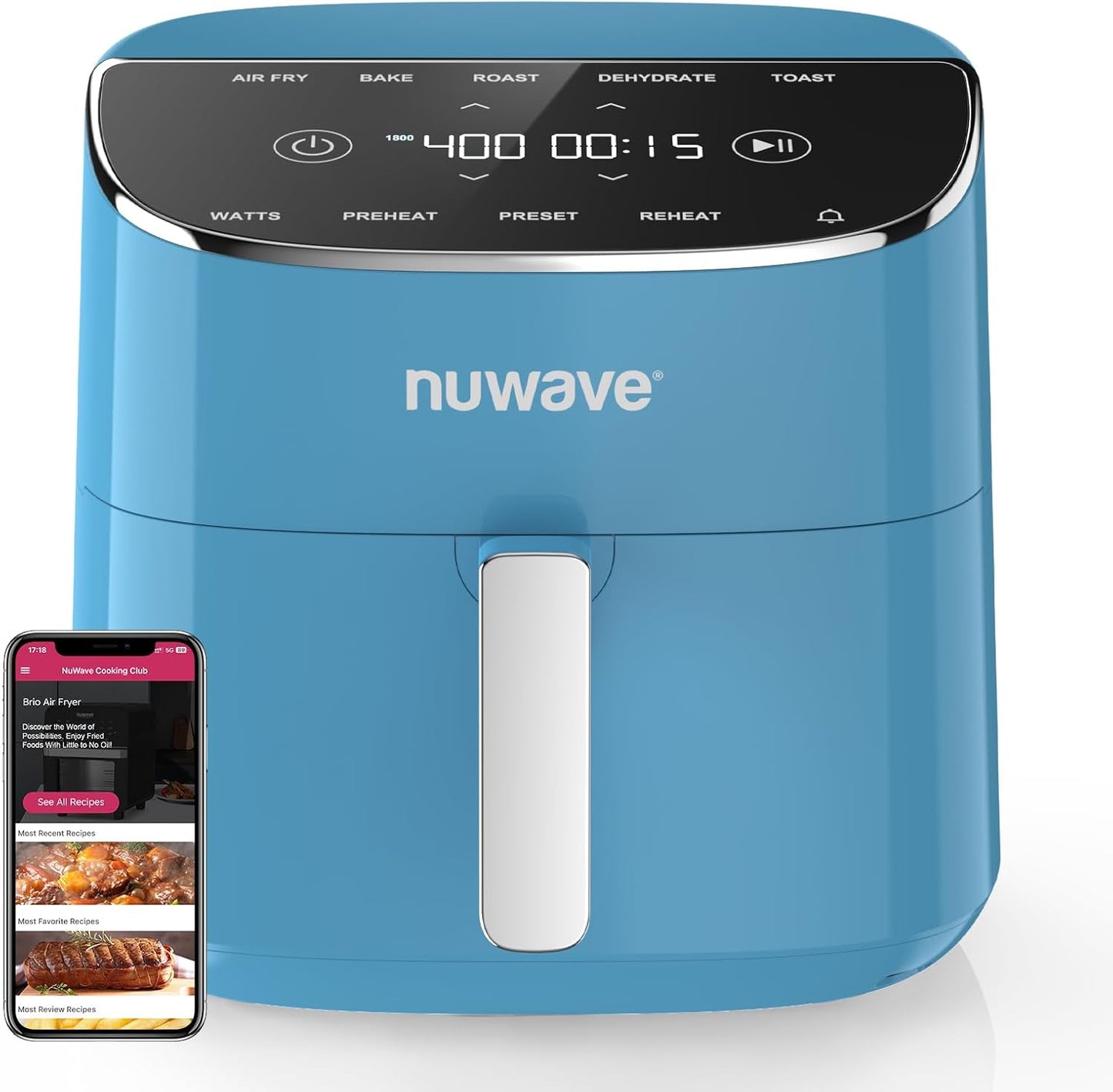 Nuwave Brio Plus Air Fryer 8 Qt, New & Improved, PFAS-FREE, 7 Digital One-Touch Cook Functions that AIR FRY, BAKE, ROAST, DEHYDRATE, TOAST, REHEAT, PREHEAT, 150 Presets, 50°F~400°F (Cozy Blue)