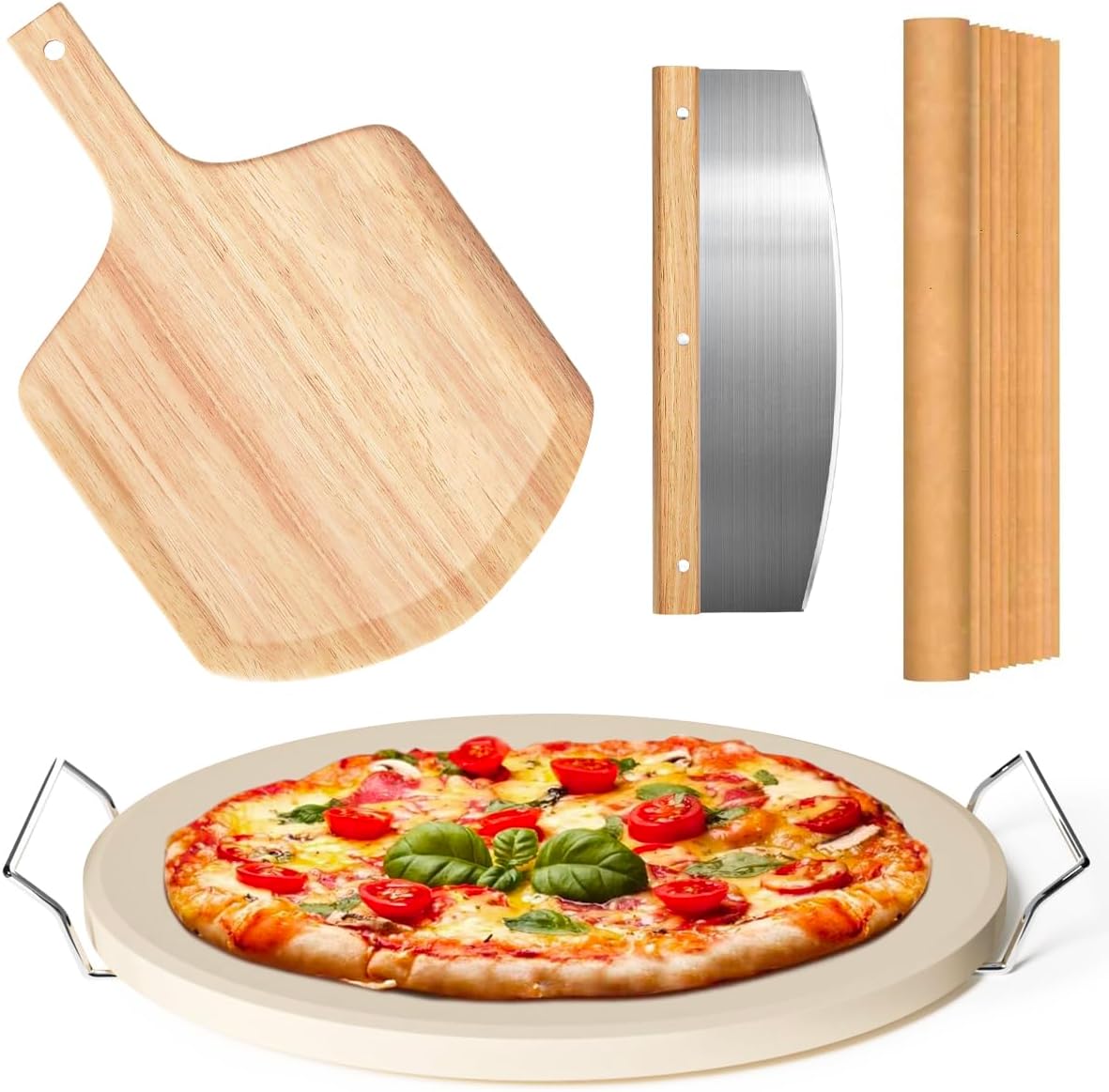 5 PCS Round Pizza Stone Set, 13" Pizza Stone for Oven and Grill with Pizza Peel(OAK),Serving Rack, Pizza Cutter & 10pcs Cooking Paper for Free, Baking Stone for Pizza, Bread