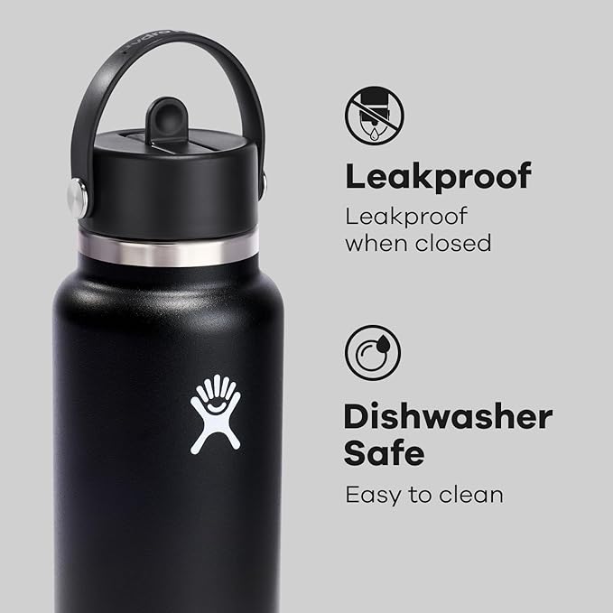 Hydro Flask Water Bottle - Insulated Stainless Steel - Wide Straw Lid, Non Spill, Leakproof in 32 Oz Black