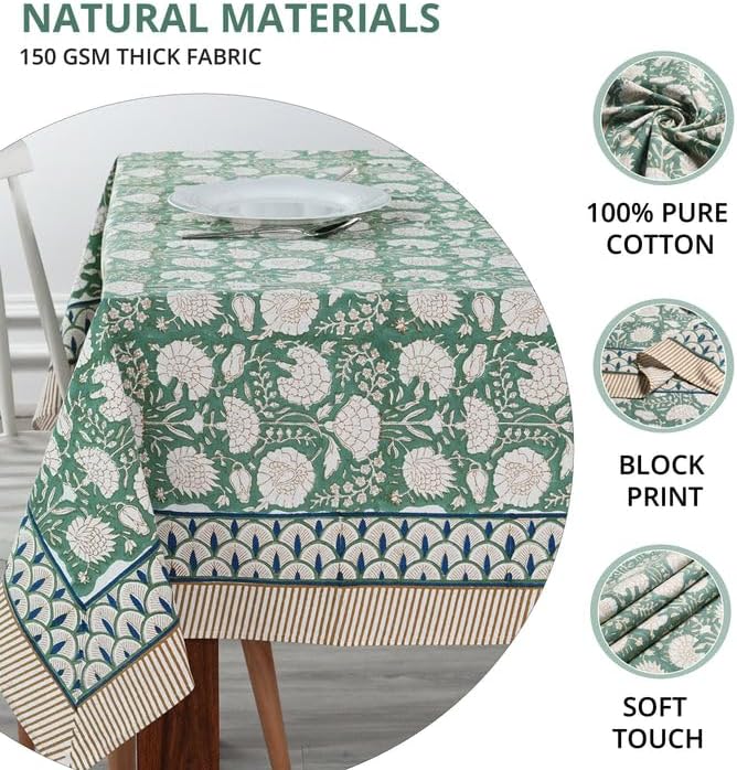 Ridhi Turquoise Moss Green Hand Block Print Cotton Rectangle Tablecloth 108 X 60 inches Reusable Table Cover Decorative Everyday Use for Dining Room, Farmhouse, Home, Party, Festive & Wedding, Fall
