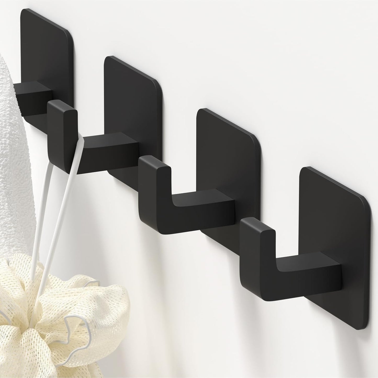 Square Self Adhesive Towel Hooks - 4 Pack Matte Black Metal Hooks, Right-Angle Design for Towels, Robes & Hats, Organize Bathroom, Kitchen, Entryway, Doors, Cabinets on Smooth Surfaces