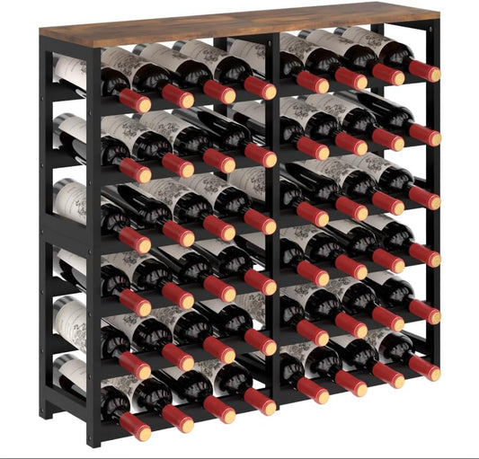 6 Tier Bamboo Wine Rack with Table Top, Freestanding 48-Bottle Wine Storage Shelf, Wine Display for Kitchen, Bar, Dining Room, Living Room, Rustic Brown and Black