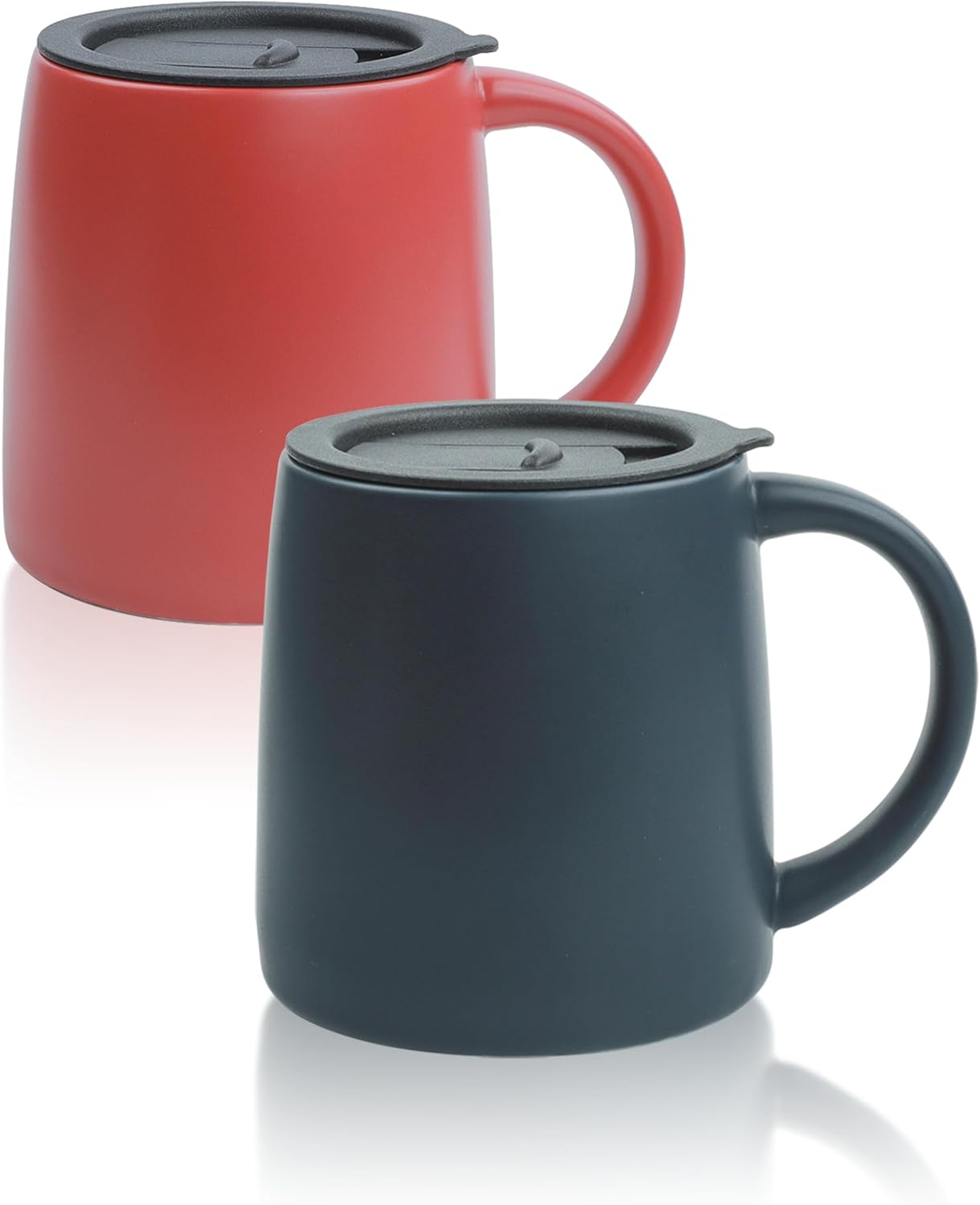 Classic Mug, 14 oz Large Coffee Mug with Handle, Ceramic Porcelain Tea Cup, Smooth Matte (Sliding Lid, Set of 2, Red and Navy Blue)