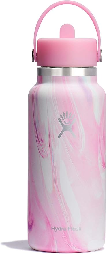 Hydro Flask Water Bottle - Insulated Stainless Steel - Wide Mouth Flex Straw Lid, Non Spill, Leakproof and Refillable in 32 Oz Jelly Pink