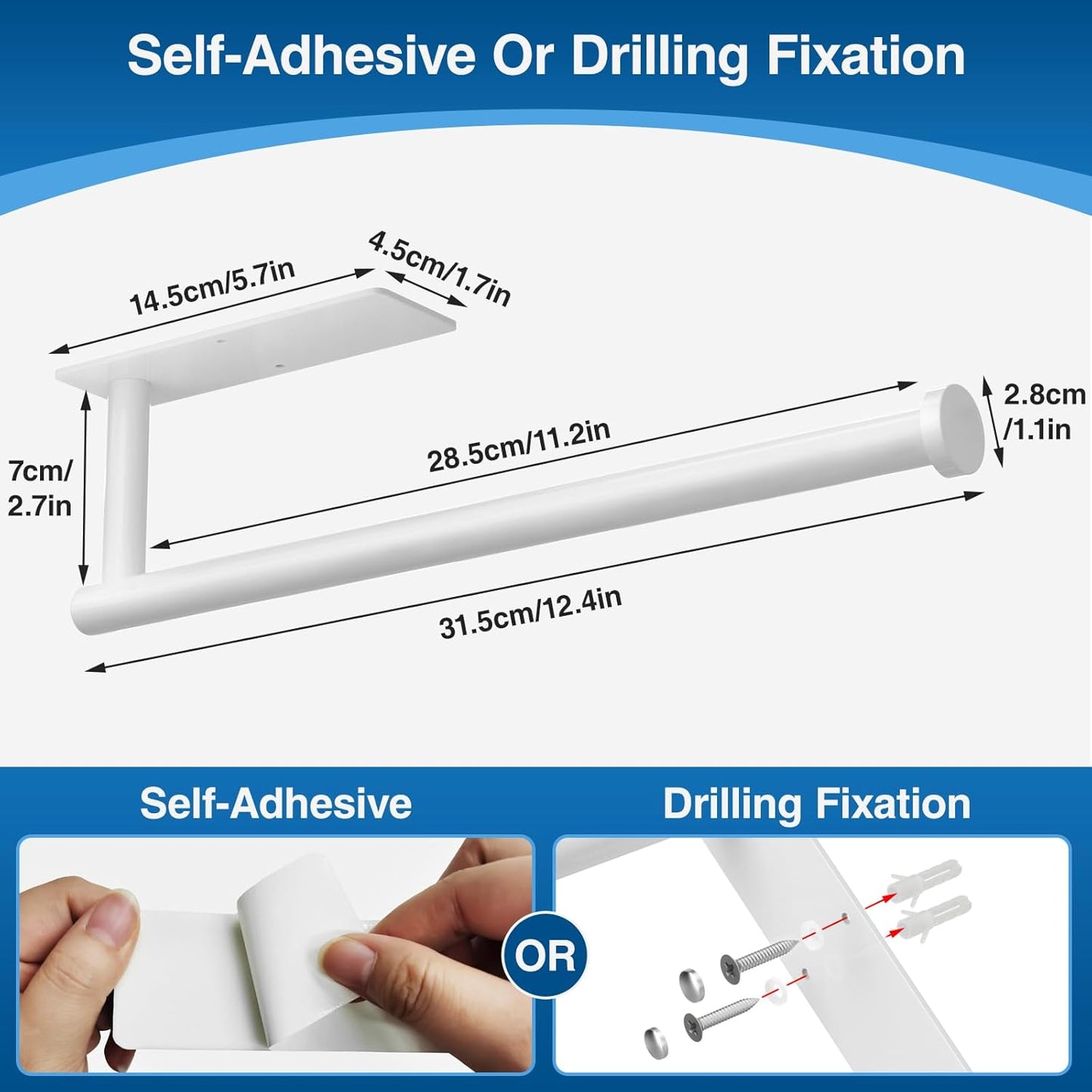 Paper Towel Holder - Self-Adhesive or Drilling, White Wall Mounted Rack - SUS304 Stainless Steel Kitchen Roll Holder Under Cabinet (2 Pack)