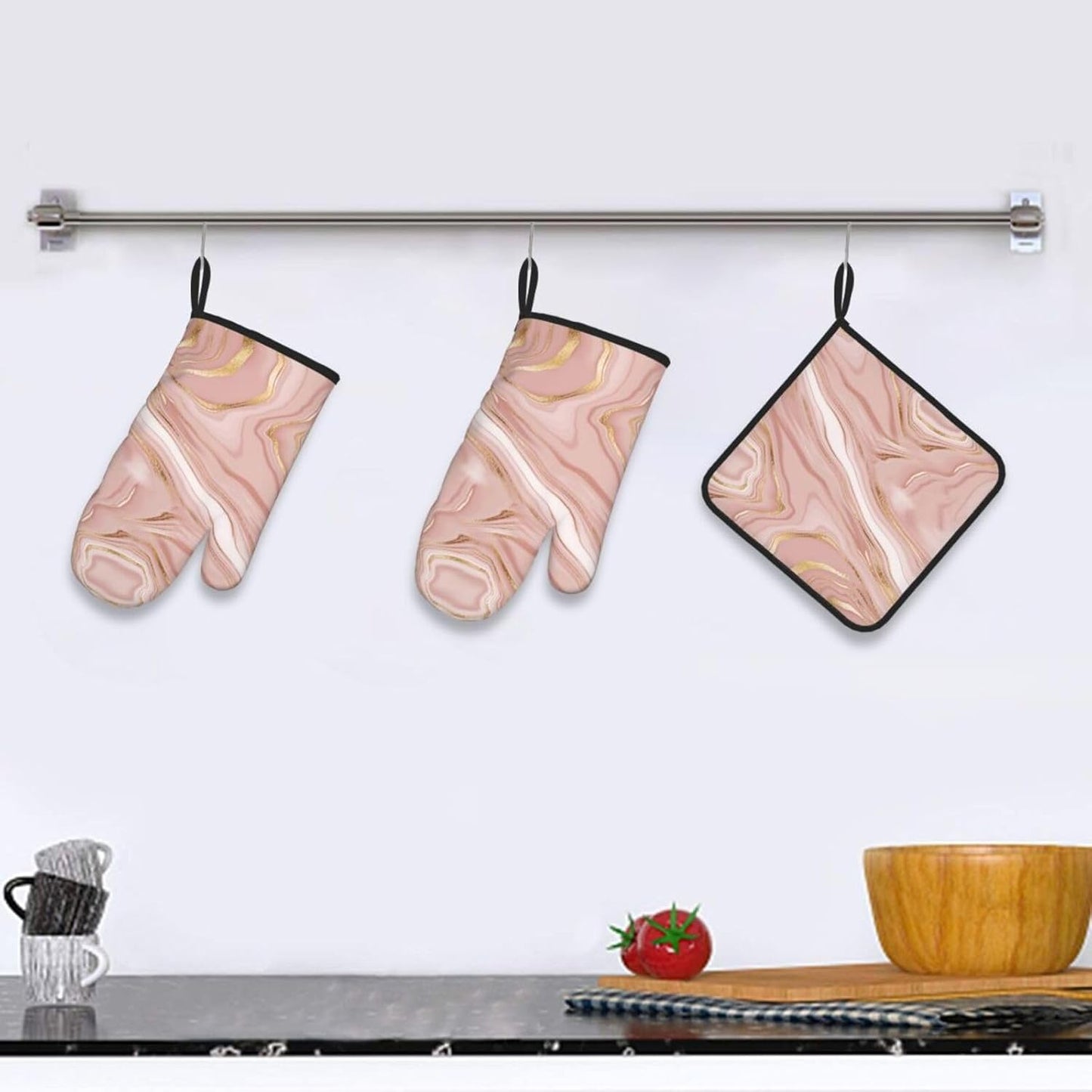 Pink Golden Marble Oven Mitts and Pot Holders Sets of 3 Heat Resistant Hot Pads Rose Pink Modern Oven Gloves for Kitchen Cooking BBQ Baking