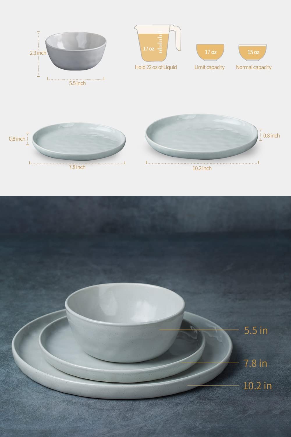 Famiware Mars Plates and Bowls Set, 12 Pieces Dinnerware Sets, Dishes Set for 4, Light Gray