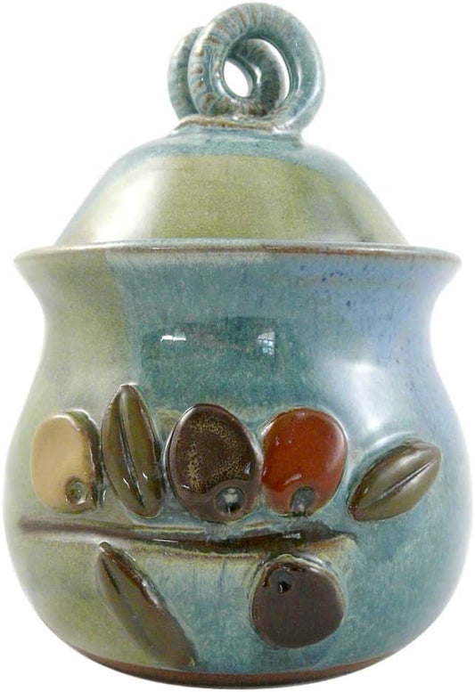 Modern Artisans American Made Stoneware Pottery Garlic Keeper Jar with Olive Motif