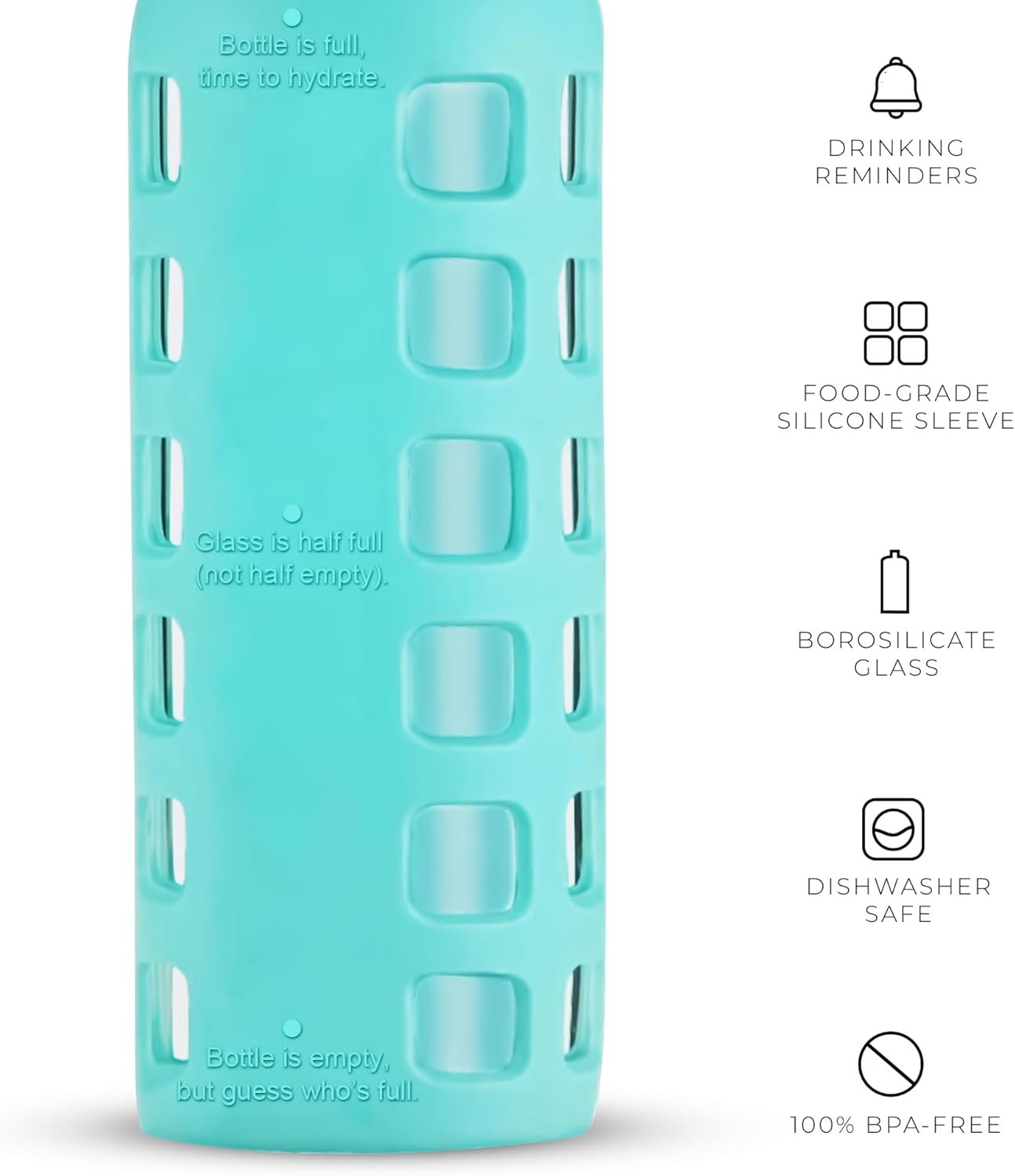 purifyou 40oz / 32oz / 22oz / 12oz Borosilicate Glass Water Bottle with Time & Volume Markers, Silicone Sleeve, Stainless Steel Lid – Reusable Glass Bottle for Water & Juice (12oz Aqua Blue)