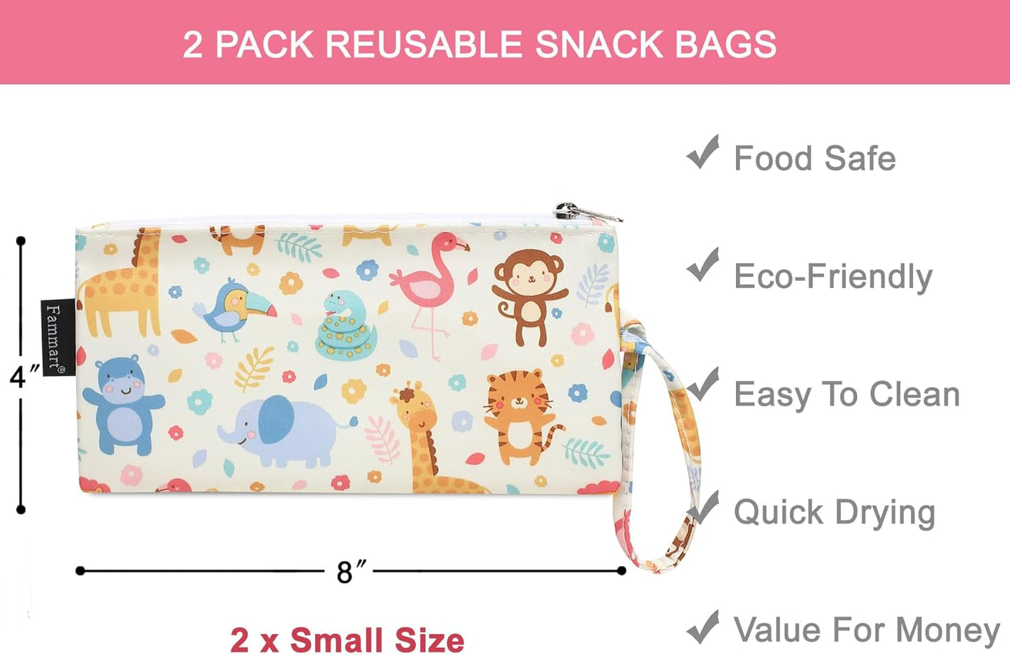 Reusable Sandwich Bag/Snack Bag for Kids & Adults, Dual Layer Lunch Bag with Handle, Washable, Food Safe, BPA Free (2-Pack, Zoo)