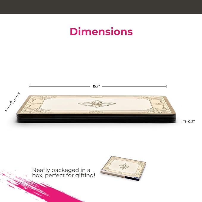 Pimpernel Fleur de LYS Set of 4 Placemats (15.7" x 11.7") – Rectangular Cork-Backed Boards with Decorative Art Print & Lacquer Surface, Heat & Stain Resistant Table Protection